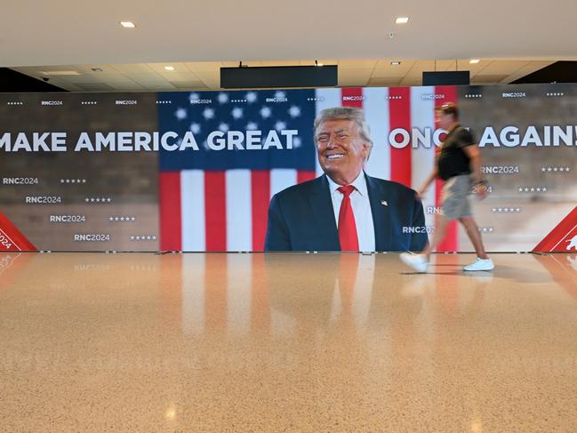 A Make America Great Again sign ahead of the Republican National Convention (RNC) in Milwaukee, Wisconsin, US, on Sunday, July 14, 2024. Former President Donald Trump confirmed that he will be attending the Republican National Convention next week, hours after he was shot at a campaign rally in Pennsylvania. Photographer: David Paul Morris/Bloomberg via Getty Images