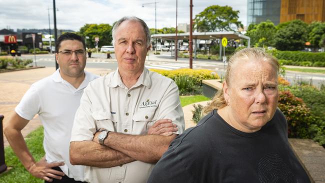 Wanting more support for victims are (from left) Aaron McMahon, Ken Cunliffe and Karynne Paull of Voice of Victims, a recently formed Toowoomba victims of crime advocacy group. Picture: Kevin Farmer