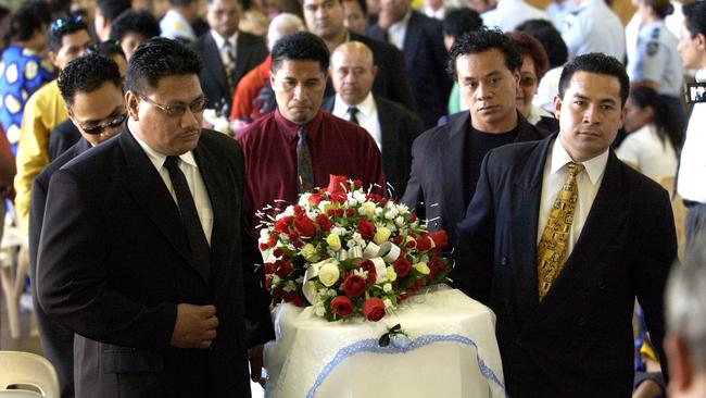 11 sept 2003 Tiny coffin of Loretta Lameko is carried from the Commemorative memorial service for his two dead siblings at /Logan /PCYC. PicDarren/England - Defiance Road Woodridge multiple stabbing murders - crime qld Faafua (Fa'afua) Lameko allegedly killed his son Lorenzo 5yrs his daughter Loretta 2yrs, attacked his wife Piula, stabbed another baby and killed his daughter Janelle 4mths and stabbed himself.