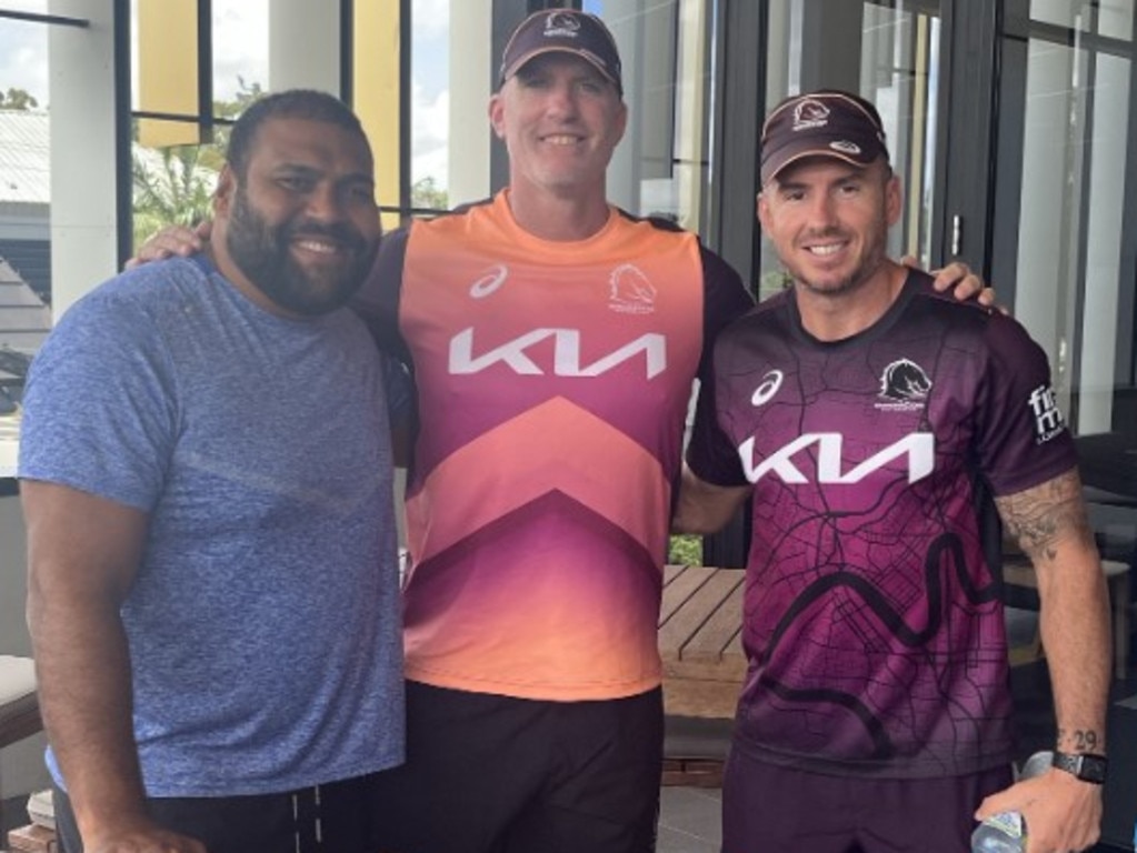 Scott Minto (centre) reliving the good old days with former Brisbane Broncos' teammates Sam Thaiday and Darius Boyd, who is now the club's assistant coach.