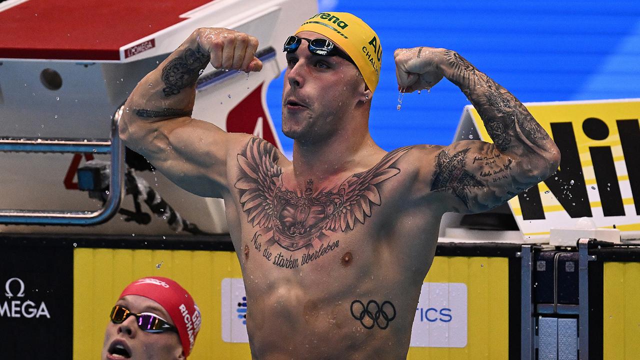 FUKUOKA, JAPAN – JULY 27: Kyle Chalmers of Team Australia celebrates winning gold in the Men's 100m Freestyle Final on day five of the Fukuoka 2023 World Aquatics Championships at Marine Messe Fukuoka Hall A on July 27, 2023 in Fukuoka, Japan. (Photo by Quinn Rooney/Getty Images)