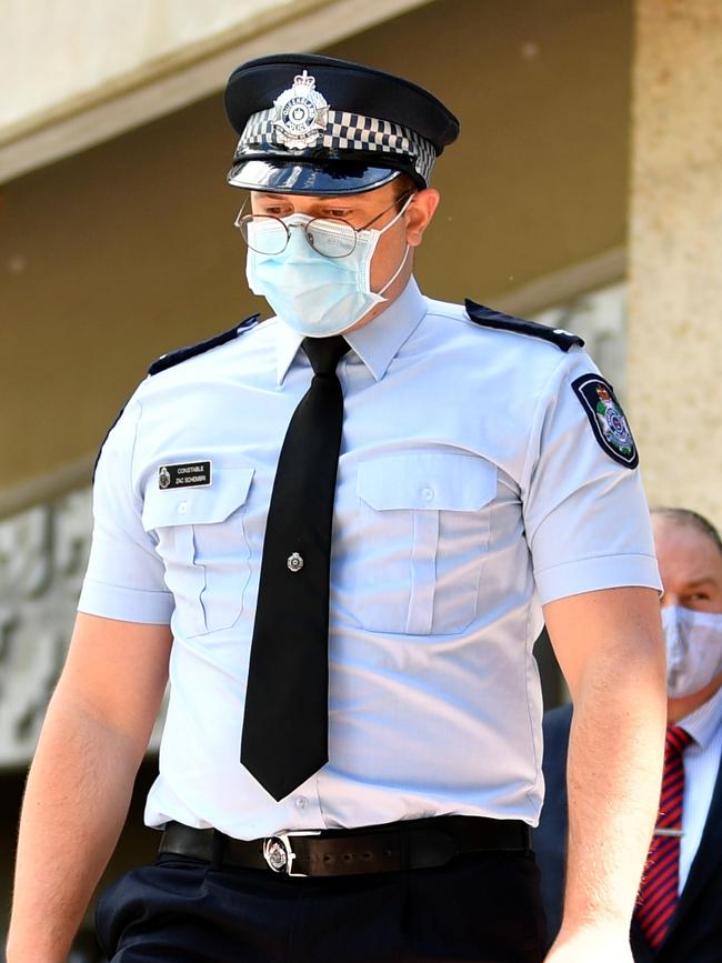 Constable Zachary Schembri leaves the Townsville Courthouse after giving evidence at the inquest into the death of Trevor King, known culturally as Noomba. Picture: Alix Sweeney