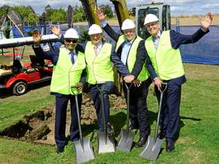 ON TRACK: Springfield Land Chairman, Maha Sinnathamby, Ipswich Mayor Paul Pisasale, Developer Richard Turner and Springfield Land Deputy Chairman, Bob Sharpless, at the recent resort sod turning ceremony. Picture: David Nielsen