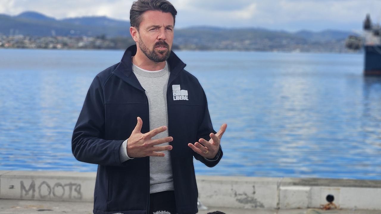 Liberal Senator Jonno Duniam speaks to the media on the Hobart waterfront on Wednesday, April 30, 2025.