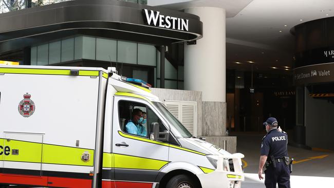 Guests in quarantine at Hotel Grand Chancellor getting transported in ambulances to The Westin in Brisbane City. Pics Tara Croser.