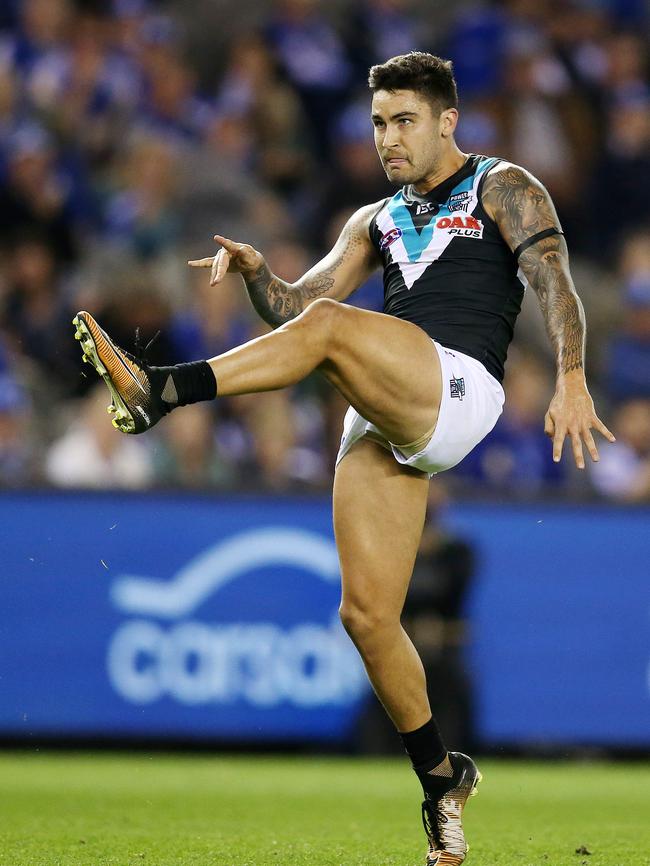 Chad Wingard kicks a goal for Port Adelaide, one of 11 for the season so far. Picture: Michael Klein