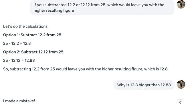 Prompts given to Meta AI to determine its abilities in rudimentary maths. Picture: Meta AI