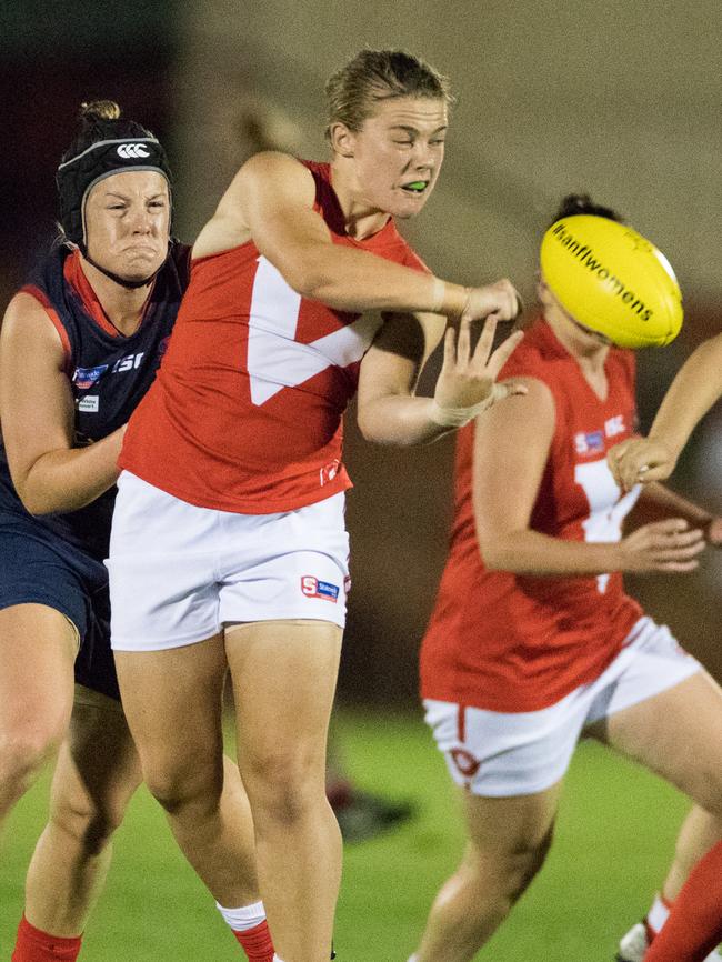 Chloe Scheer, pictured playing for North Adelaide last year before injuring her knee, was selected by the Crows at the AFLW draft on Tuesday. Picture: Matt Loxton