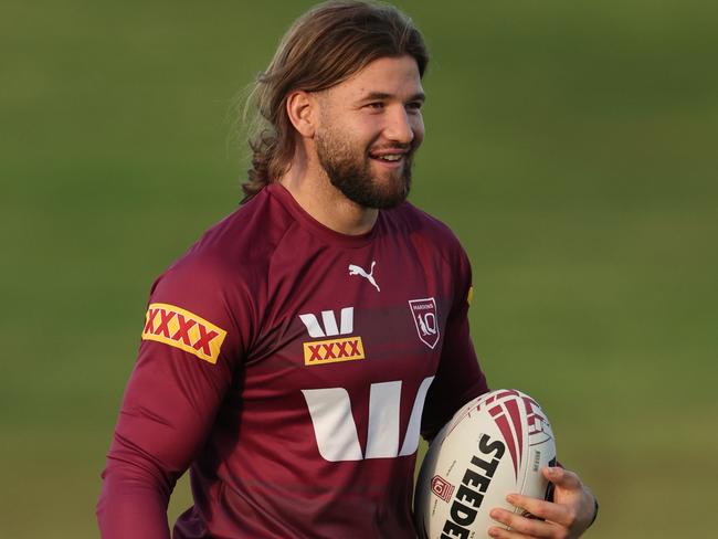 Pat Carrigan is in good spirits at Queensland training. Picture: Lachie Millard