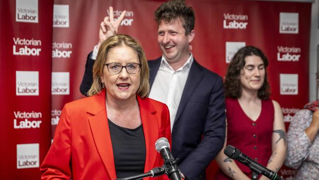 Werribee By-election Labor after/election party at Centrals Cricket Club, Galvin Park. Premier Jacinta Allen and John Lister arrive to the venue. Picture: Jake Nowakowski