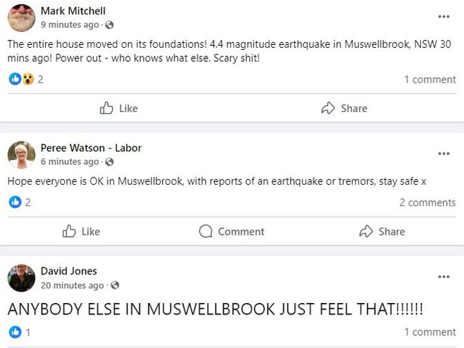 Facebook posts from people in Muswellbrook in the Hunter Region of NSW who felt an earthquake at midday today.