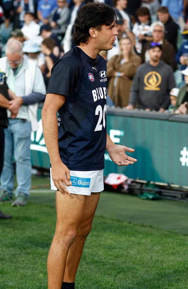 Carlton half-forward Elijah Hollands was subbed out early in his second game for the Blues but cleared to play against Adelaide on Saturday. Picture: Michael Willson / Getty Images