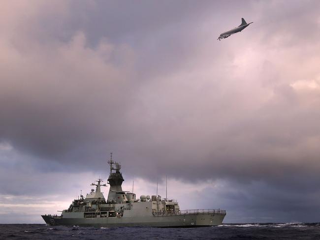Unsuccessful. HMAS Perth travels across the southern Indian Ocean as an Orion P-3K of the Royal New Zealand air force searches for debris from MH 370. AFP Photo/Australian Defence/Abis Nicolas Gonzalez