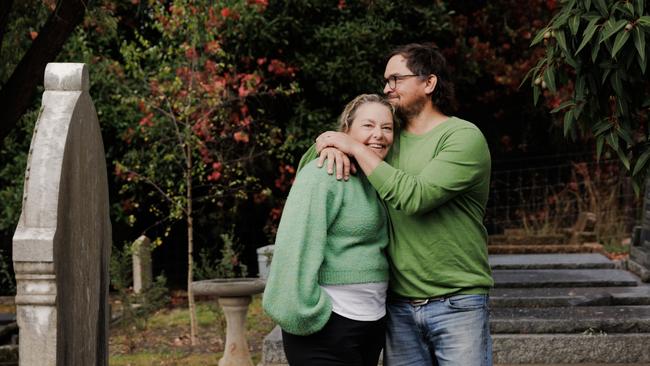 Happy place: <span id="U73205324492km" style="font-family:'NeueHaasGroteskDisp Std';font-weight:450;font-style:normal;">Nanette and Adam Charleson</span> on the grounds of their new home in the Adelaide Hills, which was once a Methodist church. Picture: Bri Hammond/TWAM