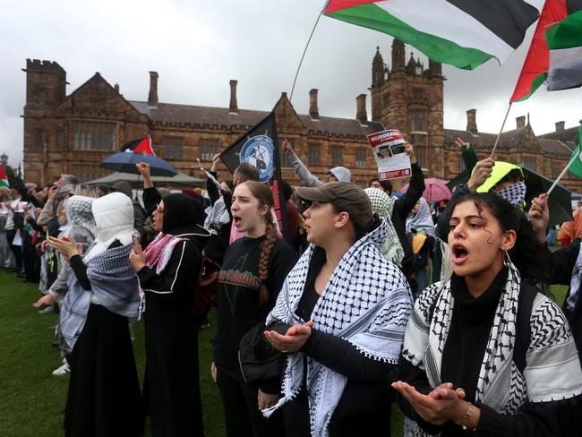 SYDNEY, AUSTRALIA - MAY 03: Protesters gather on the lawns of The University Of Sydney in support of a pro-Palestine encampment on May 03, 2024 in Sydney, Australia. Tensions escalated at The University Of Sydney as pro-Palestinian protesters vowed to maintain their presence on campus despite growing opposition, with Jewish groups planning a counter-rally and university officials urging students to respect each other's rights. (Photo by Lisa Maree Williams/Getty Images)