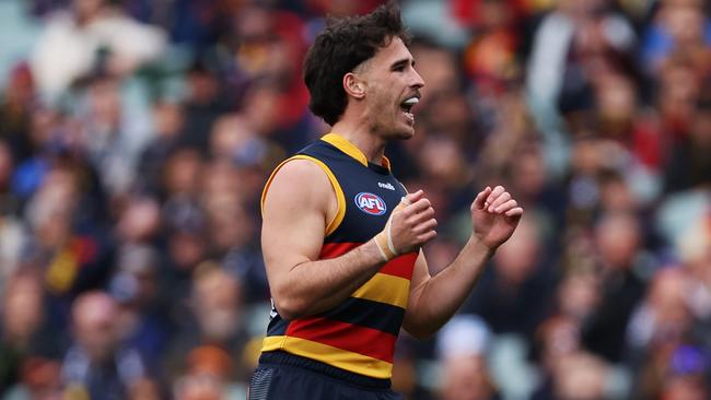 Adelaide, AUSTRALIA - AUGUST 5: Lachlan Murphy of the Crows celebrates a goal during the 2023 AFL Round 21 match between the Adelaide Crows and the Gold Coast SUNS at Adelaide Oval on August 5, 2023 in Adelaide, Australia. (Photo by James Elsby/AFL Photos via Getty Images)