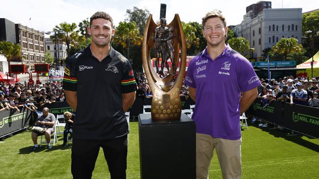 Penrith Panthers captain Nathan Cleary, left, and Melbourne Storm capital Harry Grant ahead of this weekend’s NRL grand final