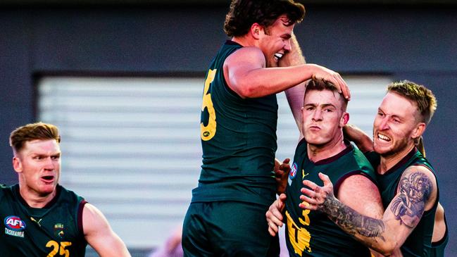 Sam Siggins celebrates the win for Tasmania in 2023. Picture: Linda Higginson