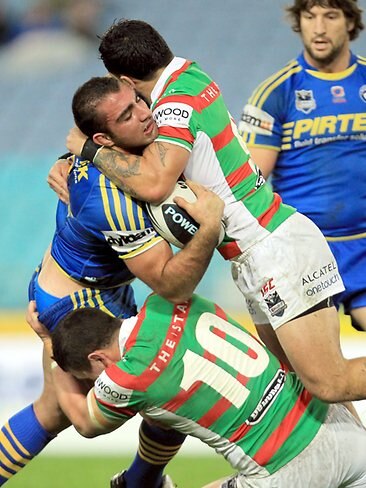 <p>Gallery NRL round 15 Eels v Rabbitohs: Tim Mannah tackled by Issac Luke and Luke Burgess. Picture: Mark Evans</p>