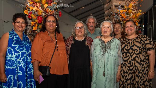 Melissa Ahmat, Neena Ahmat, Sophie Stokes, Rekeshia Stokes, Natalie Quall, Maria Harvey and Sam Stokes at the 2024 NAIDOC Ball at the Darwin Convention Centre. Picture: Pema Tamang Pakhrin