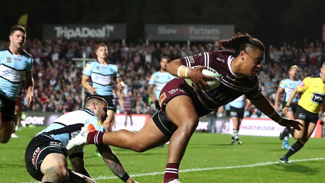 Suli scored a try in Manly’s win over Cronulla. Photo by Mark Metcalfe/Getty Images.