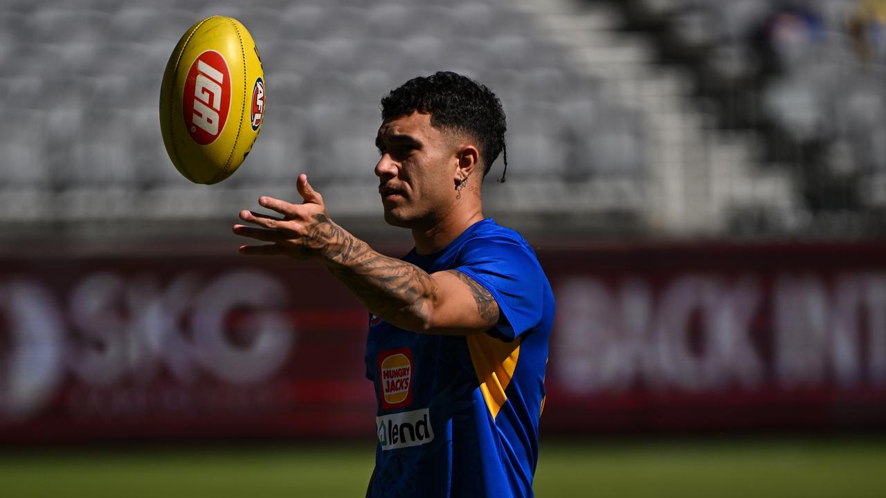PERTH, AUSTRALIA - MARCH 24: Tyler Brockman of the Eagles warms up during the 2024 AFL Round 02 match between the West Coast Eagles and the GWS GIANTS at Optus Stadium on March 24, 2024 in Perth, Australia. (Photo by Daniel Carson/AFL Photos via Getty Images)