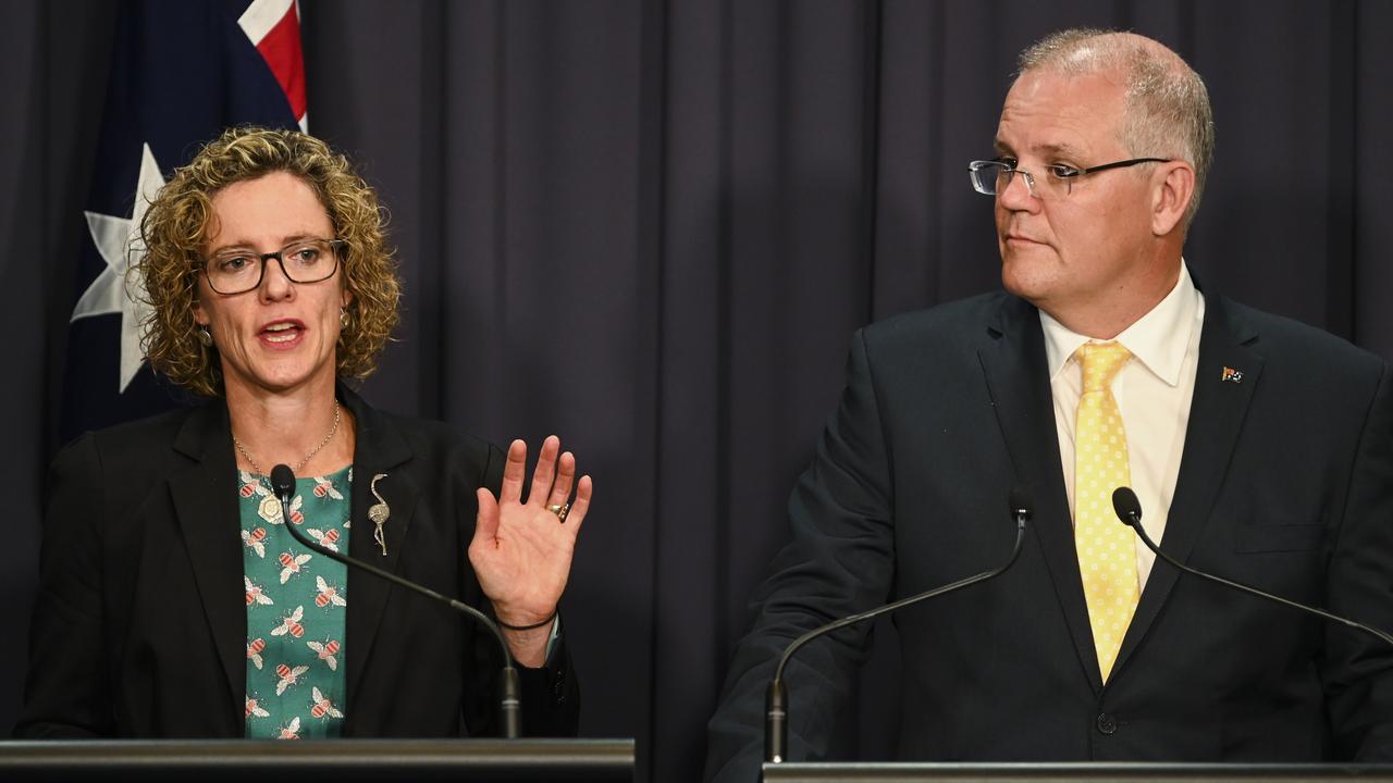 Our Watch CEO Patty Kinnersly and Scott Morrison during a press conference in 2019. Picture: AAP Image/Lukas Coch.