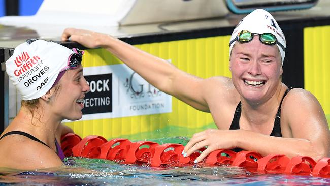 Laura Taylor shows her emotions after winning the final of the women's 200m butterfly on the Gold Coast. Photo: Bradley Kanaris/Getty Images