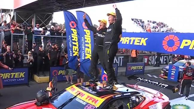 Brodie Kostecki and Todd Hazelwood celebrate winning the Bathurst 1000. Photo: Fox Sports.