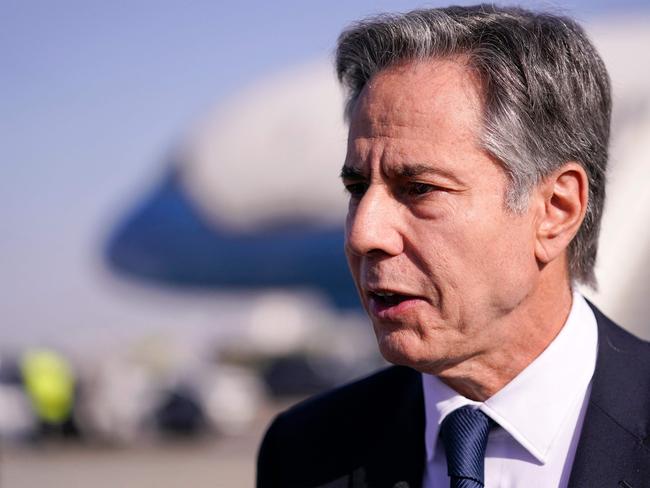 US Secretary of State Antony Blinken speaks to reporters on the tarmac at Ben Gurion International Airport in Lod, Israel. Picture: AFP.