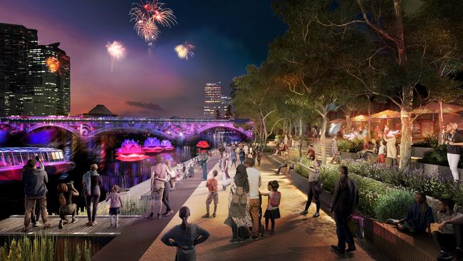 Flinders Walk, which runs from Birrarung Marr to Sandridge Bridge, would be turned into an elevated path, according to renders. Picture: Supplied