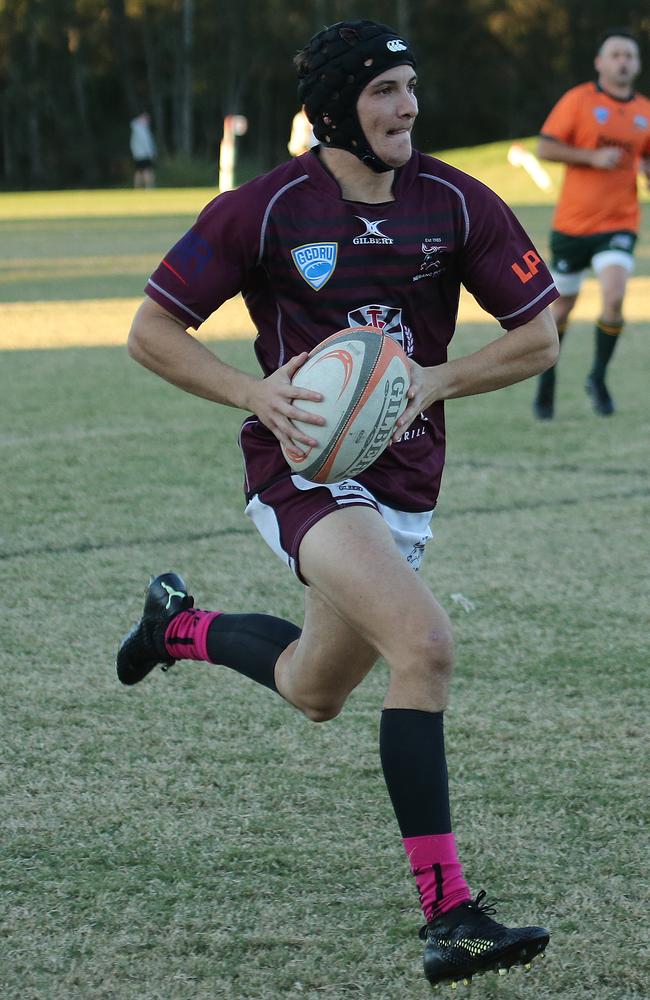 Nerang Bulls vs Surfers Paradise Dolphins GCDRU clash. Nerang Player Logan Watene Pic Mike Batterham