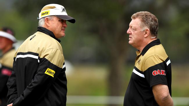 Anthony Griffin and Phil Gould in discussions after  the Penrith Panthers training session at Penrith Panthers league  academy , Penrith .Picture : Gregg Porteous