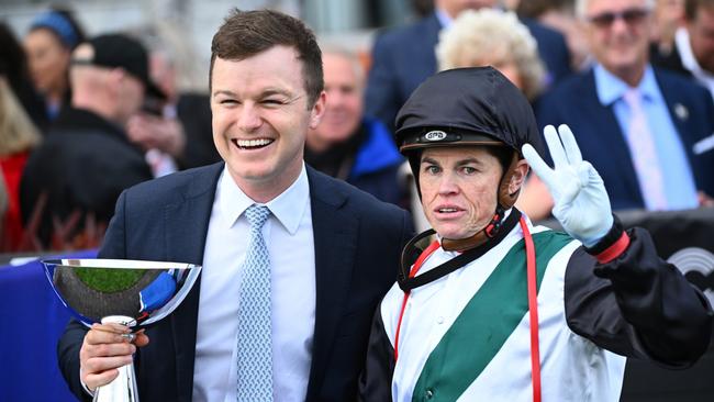 Ben Hayes enjoying the win with jockey Craig Williams. Picture: Vince Caligiuri/Getty Images