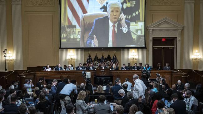 An image of former president Donald Trump is displayed during the third hearing of the January 6 committee. Picture: Getty Images