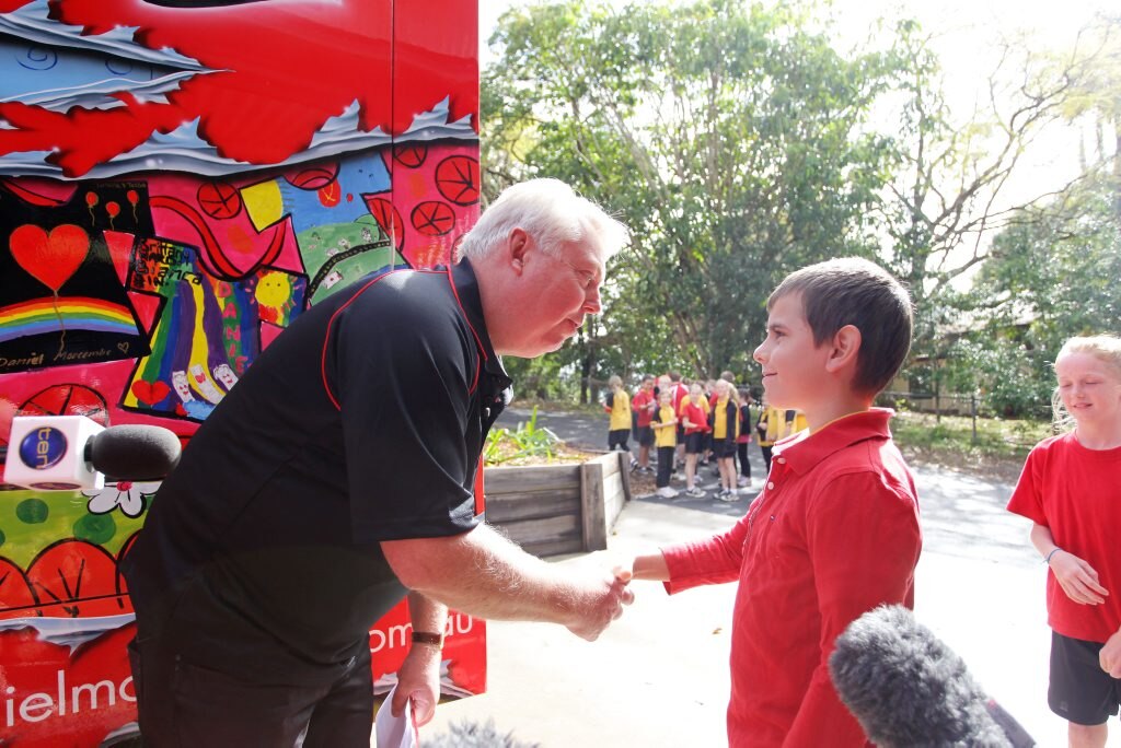 Bruce and Denise Morcombe start there Child Safety road trip of Queensland at Woombye State Primary School. Picture: Cade Mooney