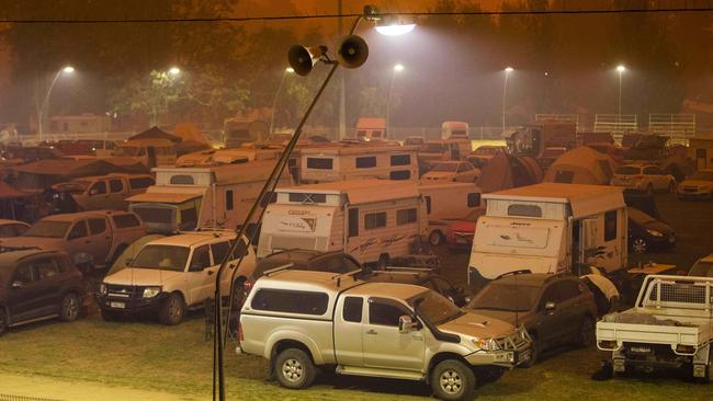 People camped at Bega Showgrounds on the south coast of NSW, an evacuation centre for people during the current bushfire threat.