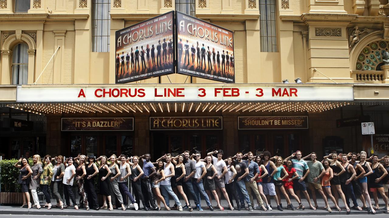 Cast members from the musical A Chorus Line’s 1977, 1993 and 2012 productions outside Her Majesty's Theatre. Picture: Ben Swinnerton.