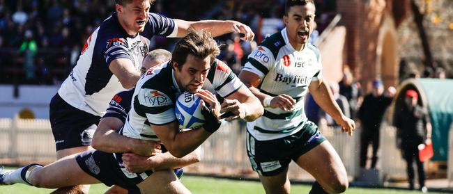 Warringah winger Harry Jones crosses from one of his two tries on Saturday. Picture: Karen Watson.