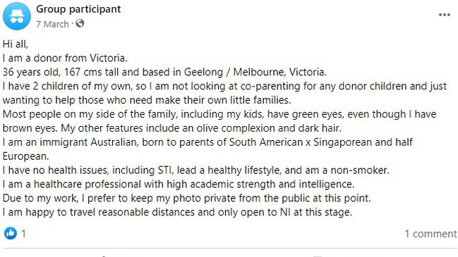 Posts to the Australia Backpackers seeking Sperm Donation Facebook group show potential donors giving as much detail as possible. Picture: Supplied/Facebook