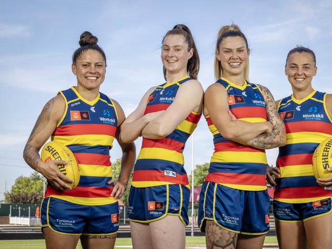 ADELAIDE, SOUTH AUSTRALIA - Advertiser Photos NOVEMBER 15, 2024: Four AFLW Adelaide Crows players Stevie-Lee Thompson, Sarah Allan, Anne Hatchard and Ebony Marinoff will become the first AFLW players to play in 15 finals at Norwood Oval. Picture Emma Brasier