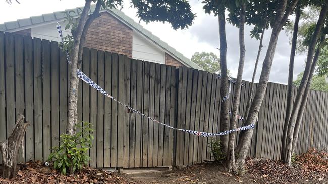 Crime scene tape was set up at the back of the property where the offenders jumped the fence into the backyard. Picture: Shayla Bulloch