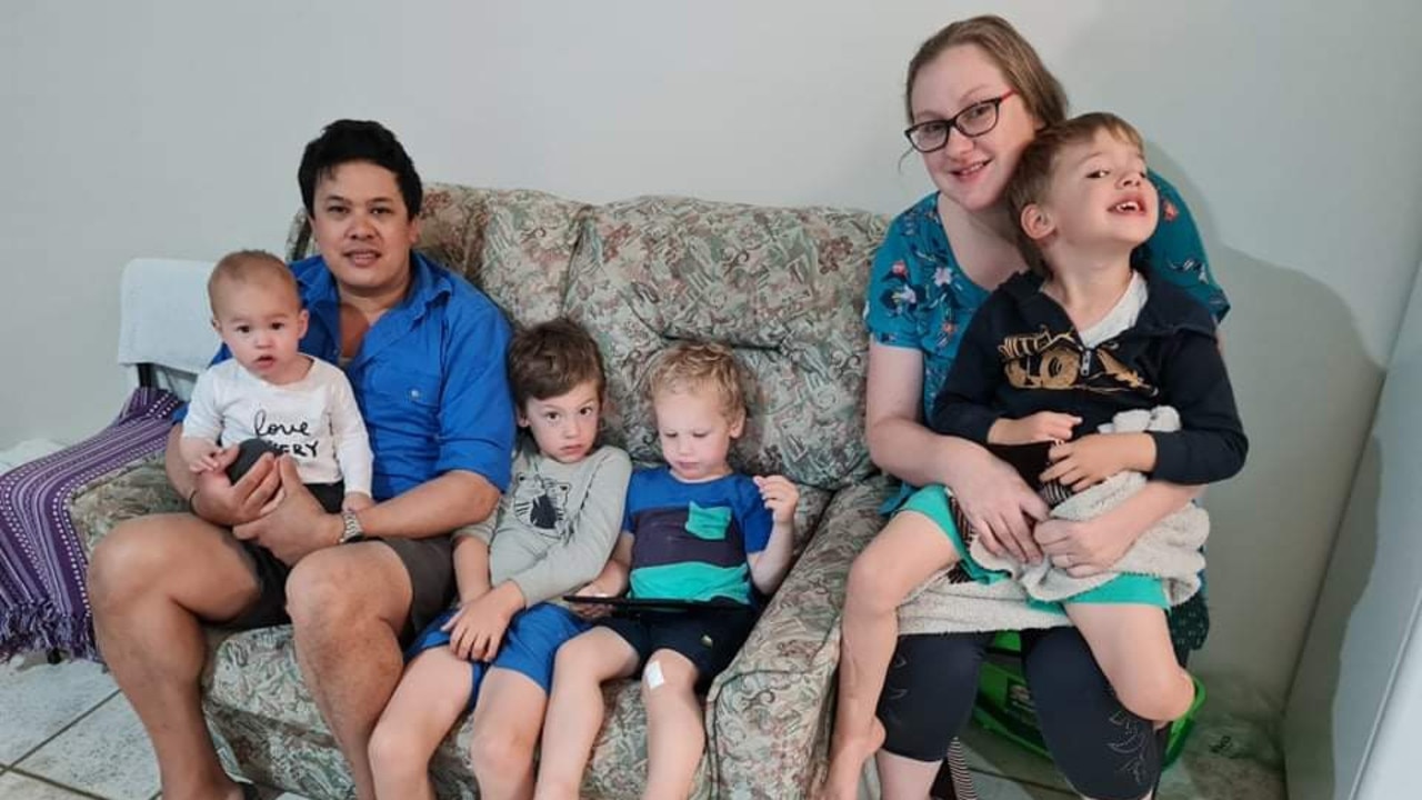 TRAPPED: Peter, Addie, Phoenix, Elijah, Emily and Theo Daniells are in limbo trapped in Moree, NSW, after their attempt to move from South Australia to the Darling Downs was blocked by police at the Queensland border.