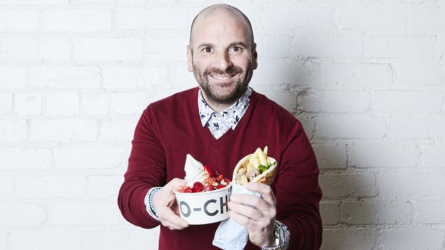 George Calombaris in happier days promoting Jimmy Grants and Yo-Chi frozen yoghurt. Picture: Supplied.