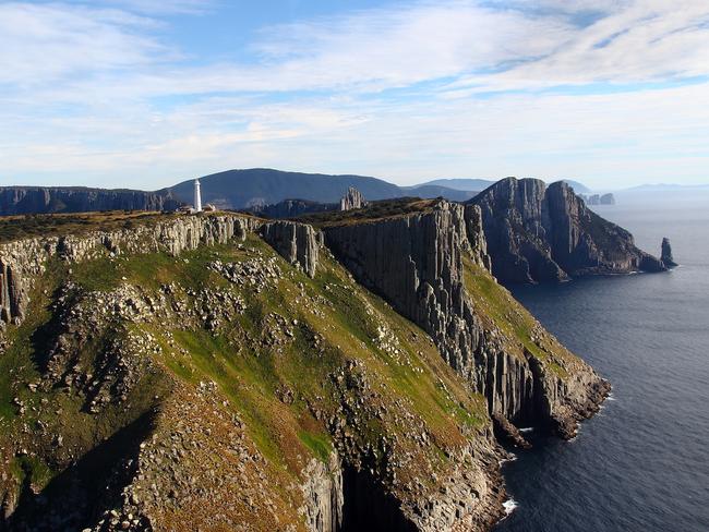 The Tasman Island Lighthouse perched above the dolerite cliffs which rise to over 280m above sea level.