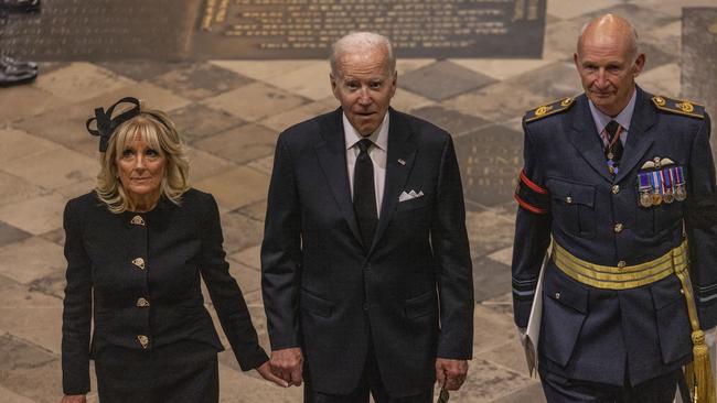 US President Joe Biden and First Lady Jill Biden arrive at Westminster Abbey for the Queen’s funeral. Picture: Getty Images