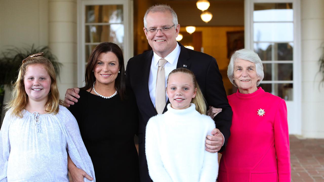 Prime Minister Scott Morrison with his wife, Jenny, their daughters Lily and Abbey, and his mother, Marion. Picture: Kym Smith