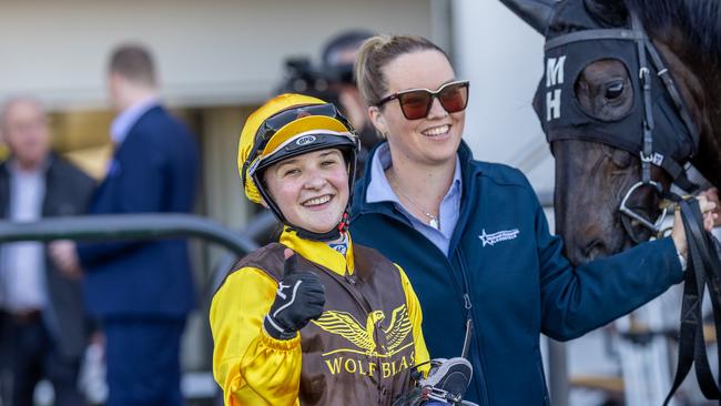 Young jockey Kelsey Hannan fell from her horse at the Strathalbyn Cup on Sunday. Picture: Makoto Kaneko