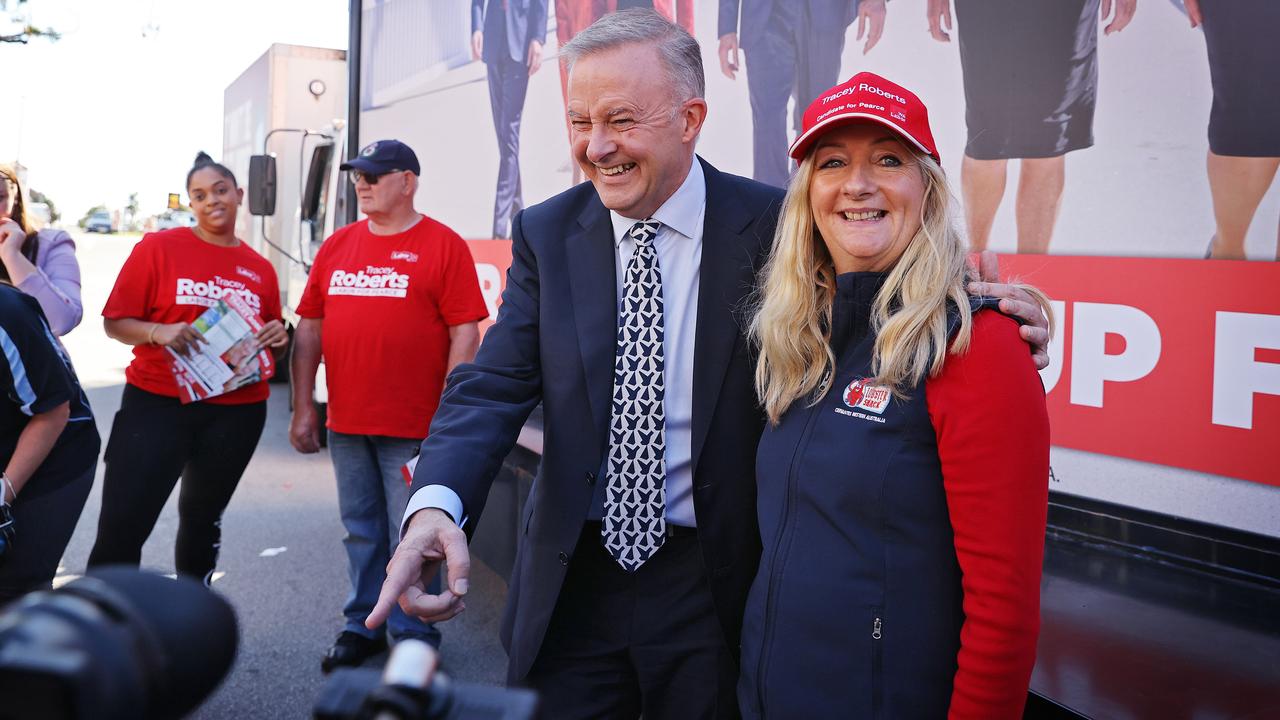 Federal Labor leader Anthony Albanese pictured in Wanneroo, Perth visiting a pre polling booth. Pictured with Labor candidate Tracey Roberts. Picture: Sam Ruttyn