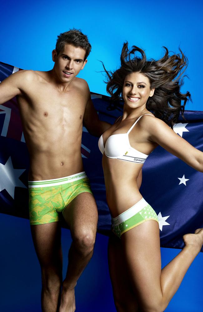 Swimmers Eamon Sullivan and Stephanie Rice during a photo shoot for Australian underwear company Davenport.